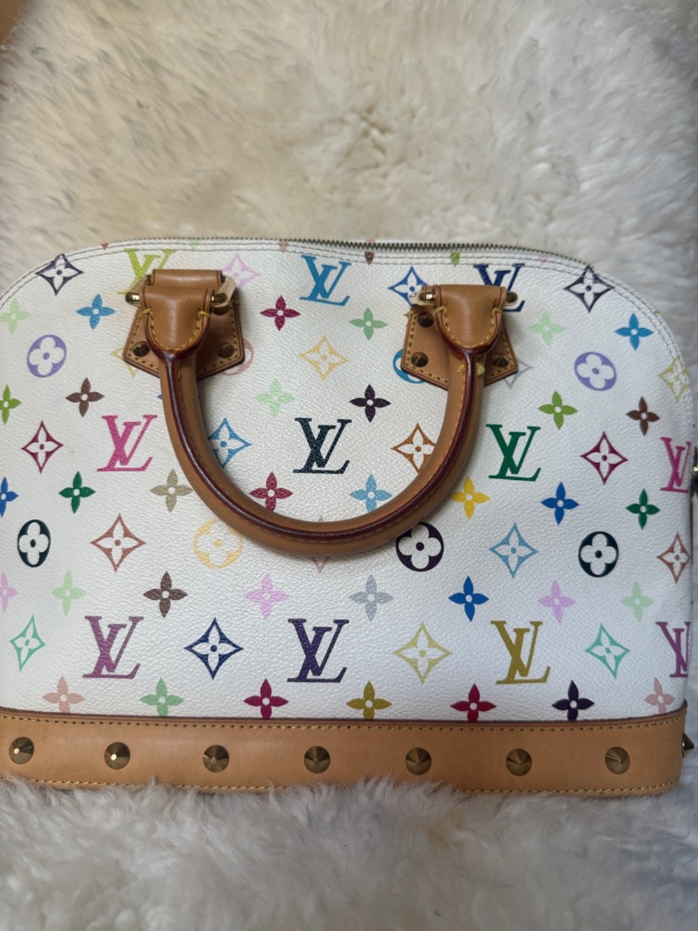 Louis Vuitton White Murakami Multicolor Monogram Alma Satchel with Tan Trim - Picture 5 of 9